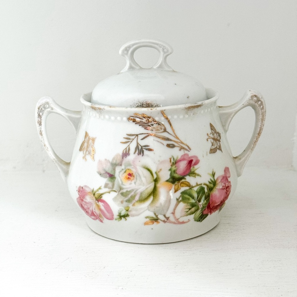 Vintage German China Hand Painted Sugar Bowl